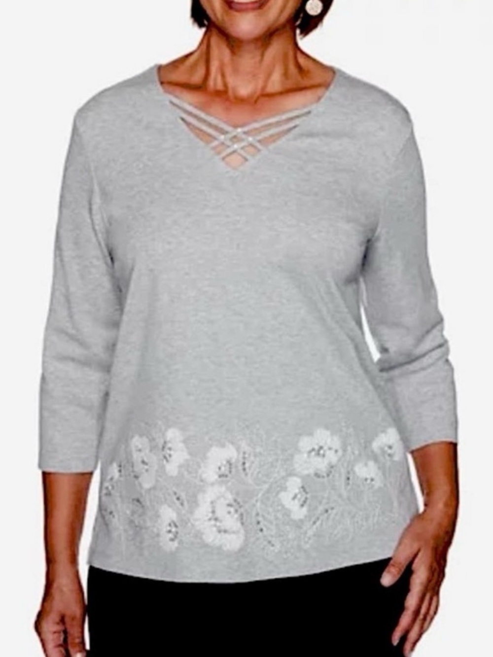 Alfred Dunner Light Gray V-Neck Sweater with Lace Floral Hem